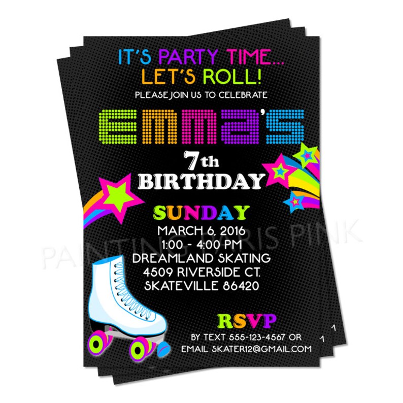 Neon Roller Skating Birthday Party Invitation Printable OR Professionally Printed 5x7 image 2