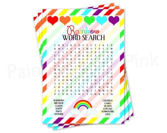 Word Search Game Printable | Birthday Party Game | Rainbows & Hearts | Instant Download