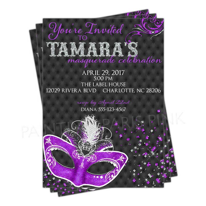 Masquerade Invitation Printable OR Professionally Printed Customized Quinceañera Sweet 16 Mardi Gras 5 Colors To Choose From image 3