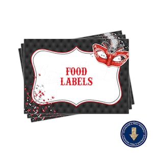 Red Masquerade Food Label Tent Cards Printable Editable & Printable Mardi Gras Sweet 16 Quinceañera image 1