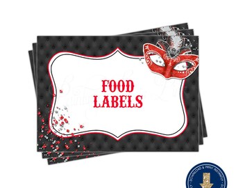 Red Masquerade Food Label Tent Cards | Printable | Editable & Printable | | Mardi Gras | Sweet 16 | Quinceañera