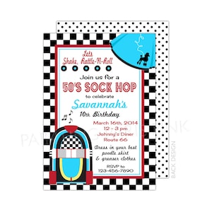 Editable 50&#39;s Sock Hop Invitation Red and Blue | Printable OR Professionally Printed | 5x7 | Shake, Rattle, & Roll