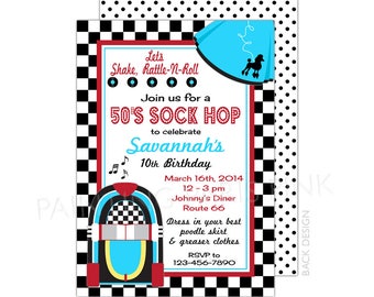 50's Sock Hop Invitation | Printable OR Professionally Printed | 5x7 | Diner | Jukebox | Retro