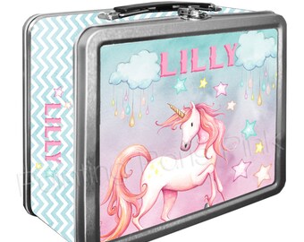 Unicorn Watercolor Classic Tin Lunch Box with or without Side Wrap | Back To School | Personalized | Image on Both Sides | Keepsake Box