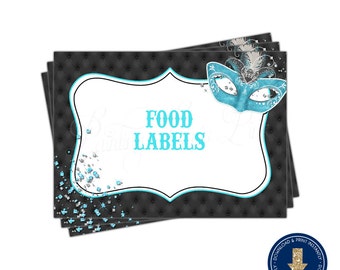 Masquerade (Aqua/Teal) Food Label Tent Cards | Editable &Printable | Instant Download | | Mardi Gras | Sweet 16 | Quinceañera