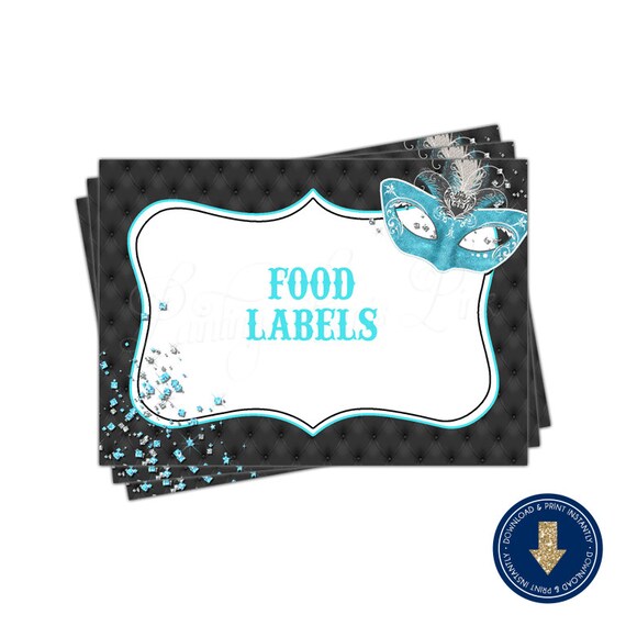 Masquerade (Aqua/Teal) Food Label Tent Cards | Printable | Instant Download | | Mardi Gras | Sweet 16 | Quinceañera Il_570xn