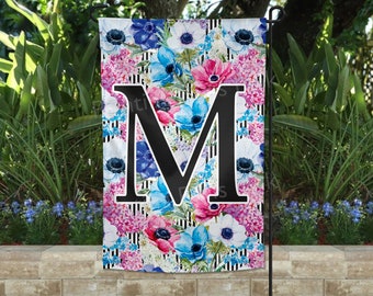 Black Floral Initial Garden Flag | Outdoor Decor | Many Sizes | Customized | Stripes | Flowers | FREE SHIPPING