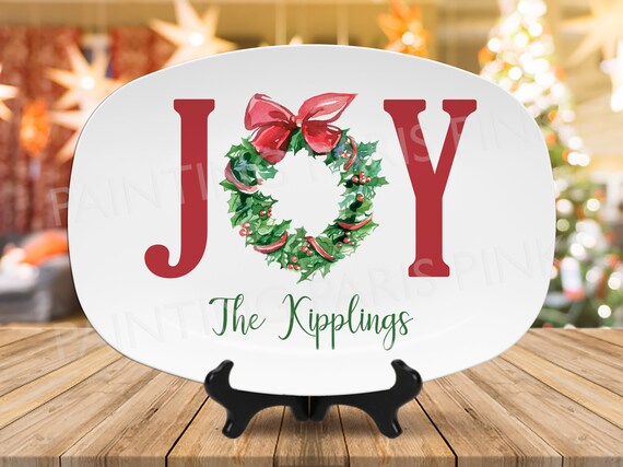 JOY Watercolor Wreath Personalized Serving Platter | Holiday | Food | Christmas | Custom Il_570xn