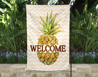 Watercolor Pineapple Chevron Welcome Garden Flag | Outdoor Decor | Many Sizes | Customized | Tropical | FREE SHIPPING