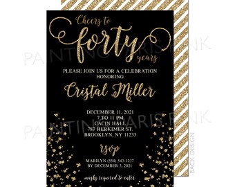 Cheers To Forty Glitter Birthday Party Invitation | 40th Birthday | Printable OR Professionally Printed | 5x7