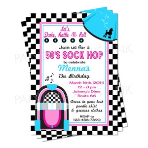 Editable 50's Sock Hop Invitation Pink and Blue Printable OR Professionally Printed 5x7 Shake, Rattle, & Roll image 2