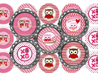 Valentine Owls 1" Bottle Cap Image 4"x6" Digital Collage Sheet Instant Download | Item #BC1002