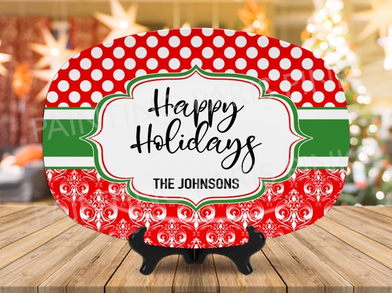 Red Polka Dot & Damask Personalized Serving Platter | Happy Holidays or Merry Christmas | Food | Customized Il_570xn
