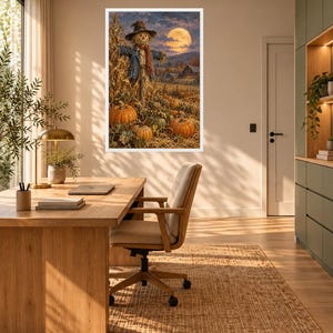 Reproduction d'art réaliste d'un champ de citrouilles avec épouvantail, paysage d'automne au clair de lune (œuvre d'art physique)