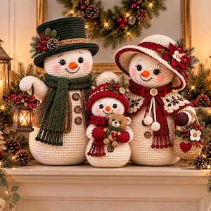 May include: A trio of crocheted snowmen figures featuring a large snowman in a dark green top hat, a smaller snowman in a red knit cap holding a teddy bear, and a snowman in a wide-brimmed red and white hat, all adorned with festive winter accessories.