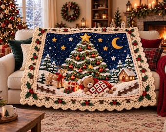 May include: A rectangular crochet blanket featuring a dark blue night sky with a yellow moon and stars, a central Christmas tree with red ornaments, a deer, a sleeping teddy bear under a patterned quilt, and a small house, bordered by holly.