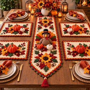 Thanksgiving Crochet Table Runner Pattern, Pumpkin Turkey Placemats, Fall Table Decor PDF