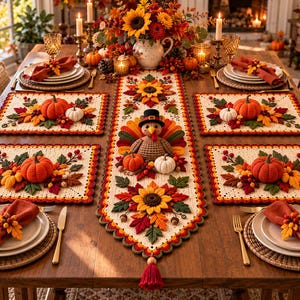 Puede incluir: Un camino de mesa y cuatro manteles individuales de ganchillo para Acción de Gracias con motivos otoñales como calabazas, girasoles y hojas. El centro de mesa incluye un pavo de ganchillo con sombrero, servilletas naranjas y cubiertos dorados.