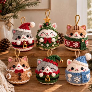 Può includere: Sei ornamenti a forma di gatto realizzati all'uncinetto con cordini per appenderli. I gatti presentano vari temi natalizi, tra cui un costume da Babbo Natale, un costume da albero di Natale, un maglione con fiocchi di neve, un pan di zenzero e un elfo.