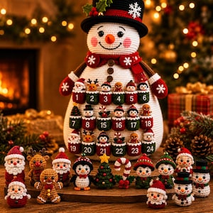 May include: A large white crochet snowman advent calendar featuring a black top hat, red scarf, and twenty-four numbered pockets. Each pocket contains a small crocheted holiday figure. Additional crocheted figures, including Santa, reindeer, and penguins, are arranged in front.