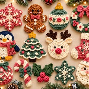 May include: A collection of twelve crocheted Christmas ornaments including a pink snowflake, gingerbread person, bauble, wreath, penguin, tree, reindeer, stocking, patterned bauble, candy cane, holly, star, and Santa Claus face.