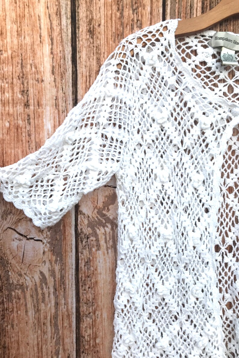 Vintage 90/'s Sweater White lace Cardigan Crocheted Sweater Button Up Sweater 80/'s Sweater Small Medium Cotton P