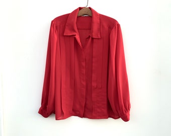 Vintage Red Blouse 70s 80s Secretary Shirt Puff Sleeve Womens Button Up Clothing XL XXL - 03