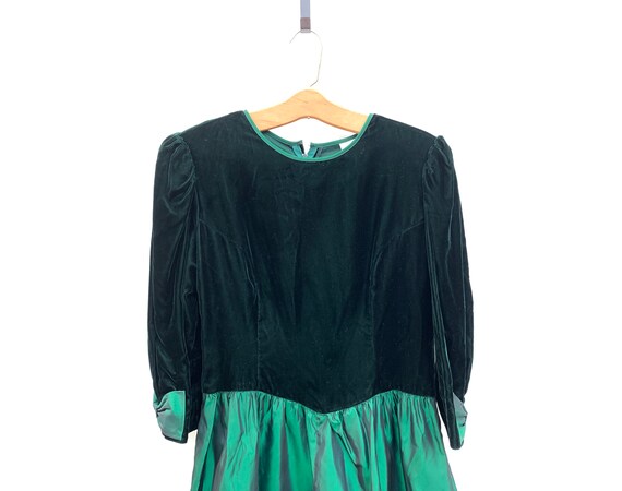 Vintage 80s Dress Emerald Green Velvet and Taffet… - image 3