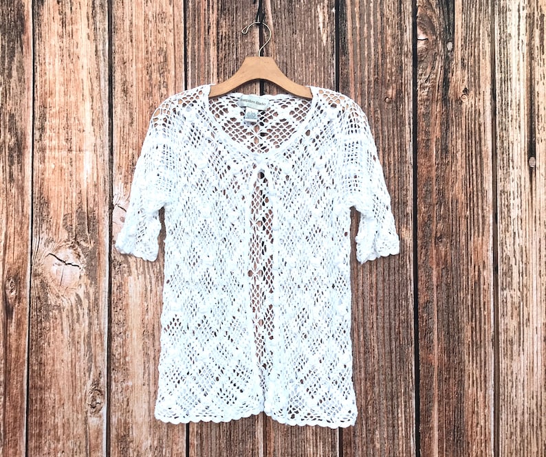 Vintage 90/'s Sweater White lace Cardigan Crocheted Sweater Button Up Sweater 80/'s Sweater Small Medium Cotton P