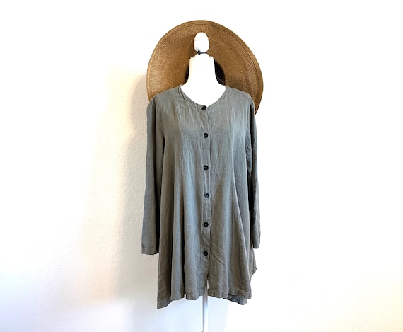 Vintage Linen Shirt - Dress Sage Green Blouse Mini