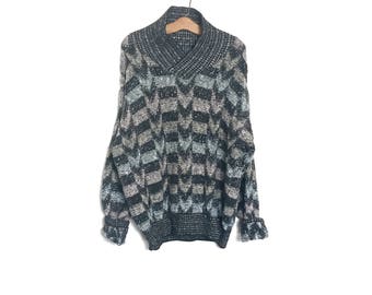 Vintage 80's Sweater Wool Sweater Slouchy Sweater Oversized Sweater Striped Pastl Pink Blue L Extra Large T