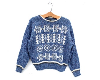 Vintage 80's Sweater Southwest Cropped Liz Claiborne Sweater Blue Boho Sweater Preppy Sweater  Slouchy Minimalist Sweater Small Medium [03]