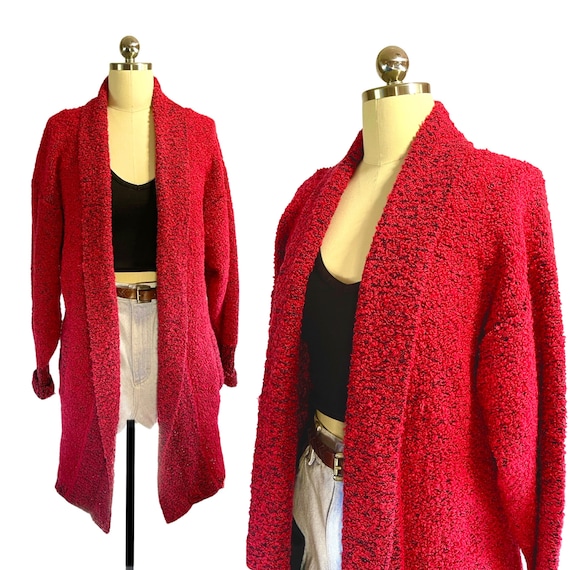 Vintage 80s Sweater Long Slouchy Red and Black Bo… - image 1