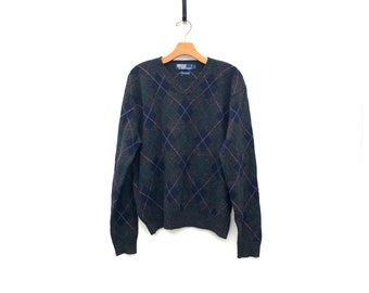 Vintage Polo Ralph Lauren Sweater Grey Blue Red V Neck Argyle Lambswool Slouchy Oversized Diamond - Large - [03]