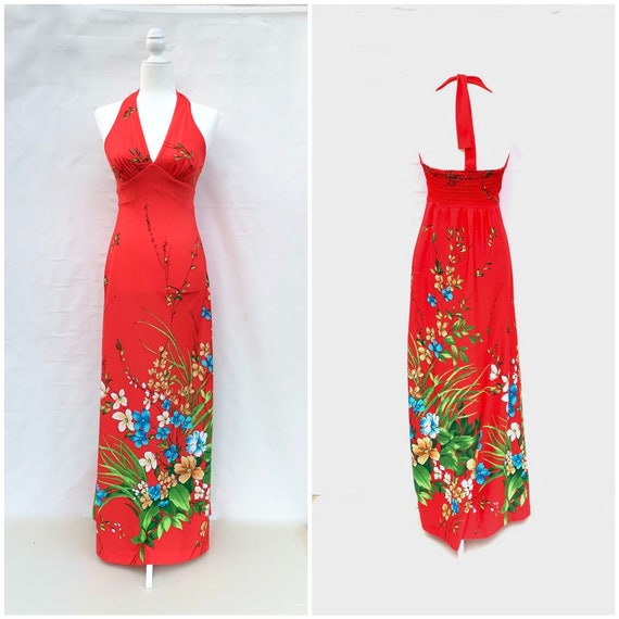 Vintage 80s Halter Dress Red Floral Maxi Dress - H