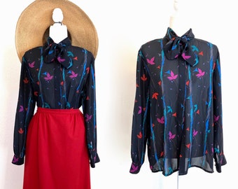 Vintage 80s Blouse with Neck Tie Sheer Black Purple Green Blue Secretary Style Large XL - [03]