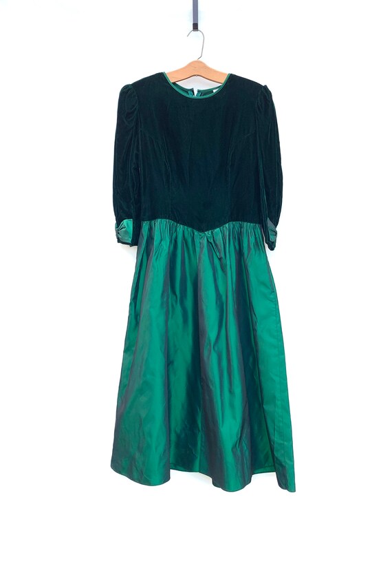 Vintage 80s Dress Emerald Green Velvet and Taffet… - image 2