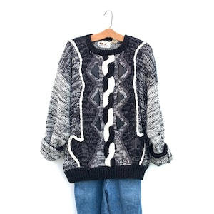 Vintage 80s 90s Sweater Black and White with Leather Triangles Slouchy Oversized Sweater Jumper Large XL - [01]