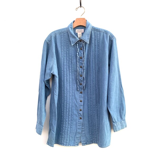 Vintage Denim Shirt - 80's 90's Blouse - Ruffle Pleated Button Up Shirt - Minimalist Style - Medium Large - 05