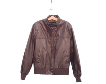 Vintage 1970s Brown Leather Jacket Mens Bomber Members Only Style Aviator Jacket 80's Clothing - [04]