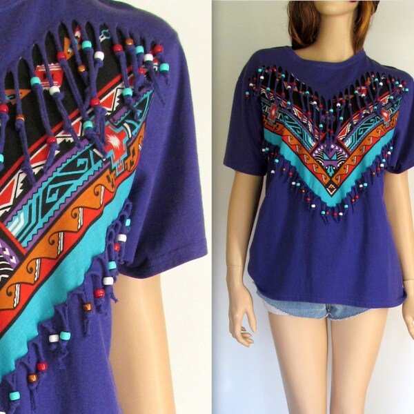 Southwest Shirt / 80's Southwest Shirt / 90's Southwest Bandanna / Hippie Shirt / Shirt with Fringe and Beads / Hipster Shirt Beaded Shirt /