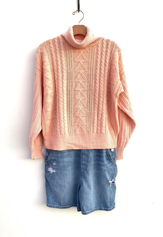 Vintage 80\u0027s Sweater Cropped 90\u0027s Sweater Slouchy Ski Triangle Turtleneck Boho Preppy Sweater Button Up Back Pink Peach , 03