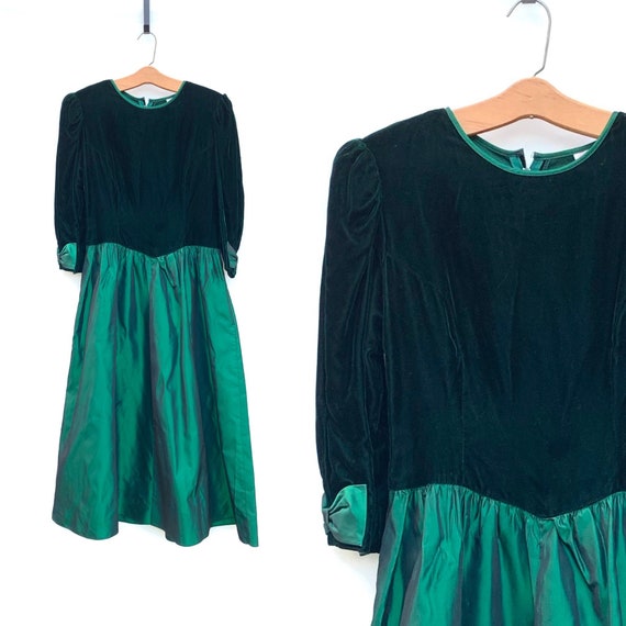 Vintage 80s Dress Emerald Green Velvet and Taffet… - image 1