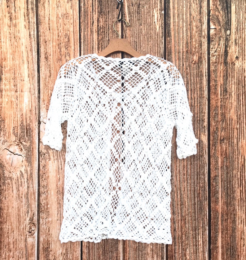 Vintage 90/'s Sweater White lace Cardigan Crocheted Sweater Button Up Sweater 80/'s Sweater Small Medium Cotton P