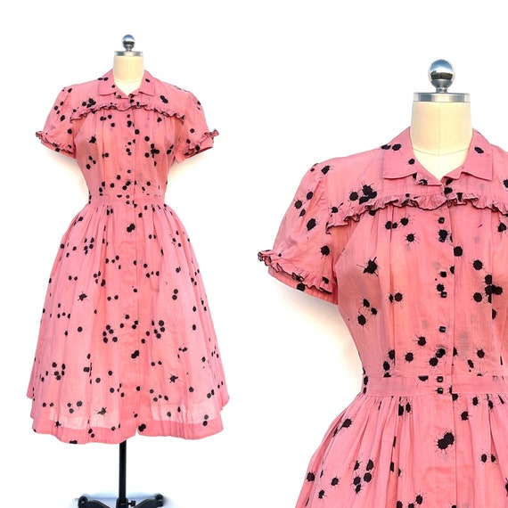 Vintage 50's Dress Pink and Black Ink Splatter Fit