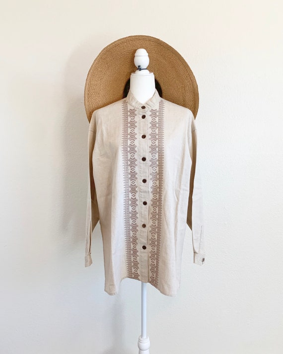Vintage Linen Shirt - Taupe Blouse Minimalist Slou