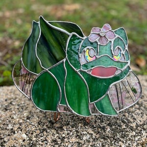 Stained Glass Bulbasaur in Falling Cherry Blossoms Petals