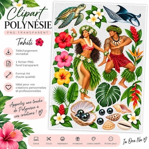 Peut inclure: Une collection numérique de cliparts sur le thème polynésien comprenant une danseuse de hula et un danseur, une tortue de mer, une raie manta, des fleurs d'hibiscus et d'oiseau du paradis, des feuilles de monstera, des coquillages et des perles noires.