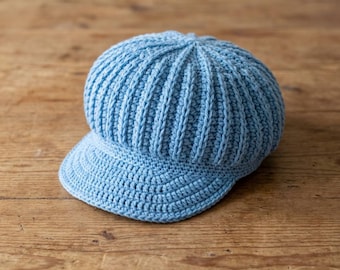 Crochet Newsboy Cap Pattern, Baby Brimmed Hat, Newborn to Toddler Crochet Hat, Baby Brim Hat, Ribbed Crochet Hat PDF