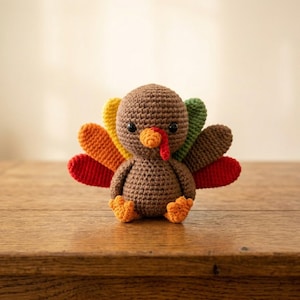 Op de afbeelding: Een kleine, ronde, gehaakte kalkoenfiguur met een bruin lichaam, zwarte kraaloogjes en een oranje snavel. Het heeft een levendige, waaiervormige staart met individuele veren in geel, oranje, rood, groen en bruin, en oranje voeten.
